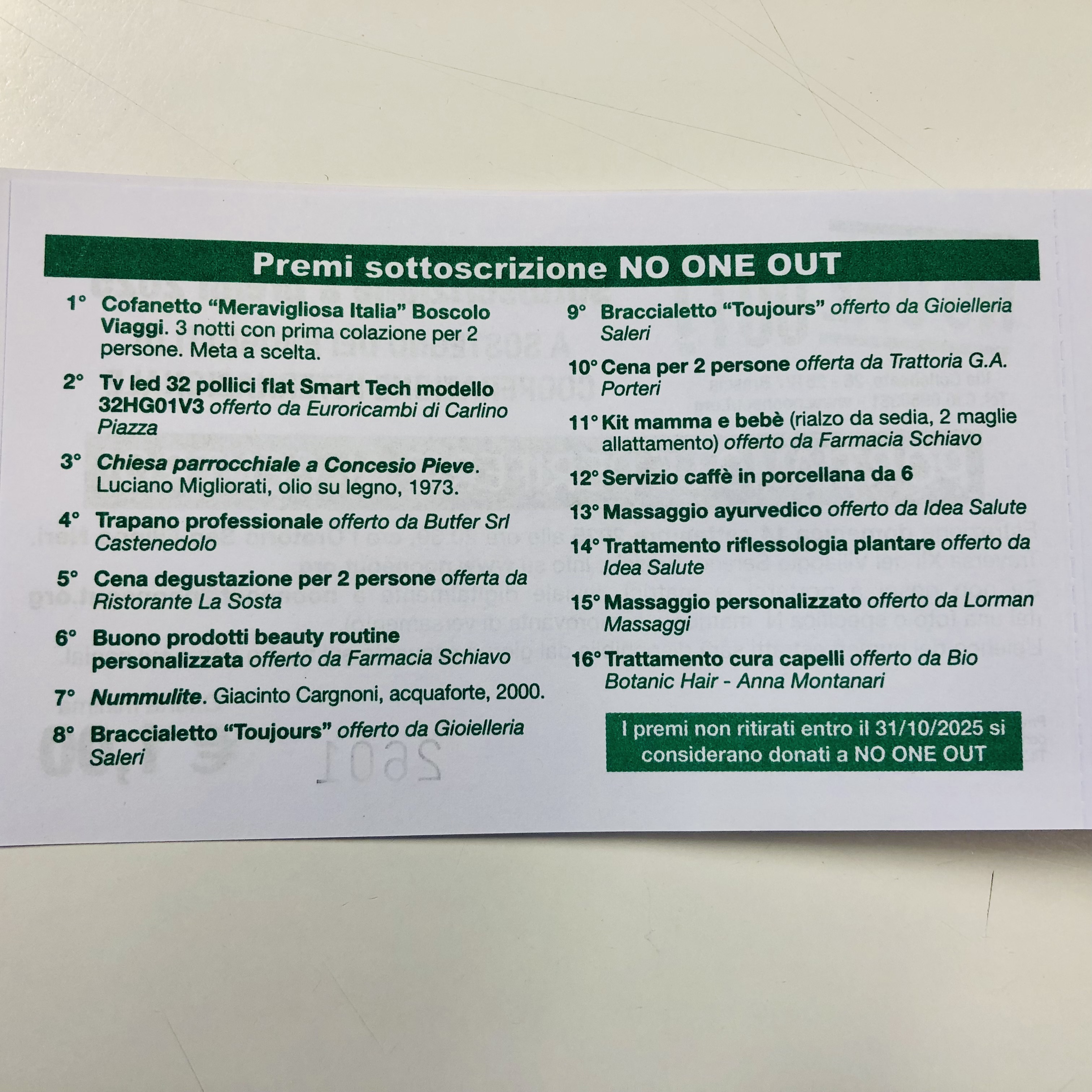 NO ONE OUT in festa 2025 | 9/14 settembre 2025 | La lotteria solidale